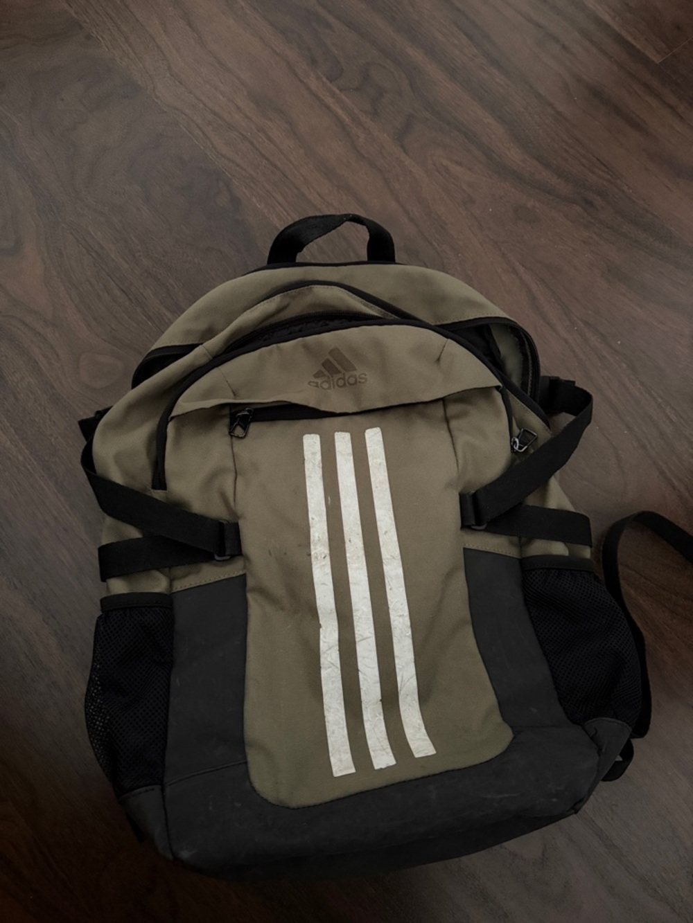 adidas Olive Green and Black Backpack with White Three-Stripes